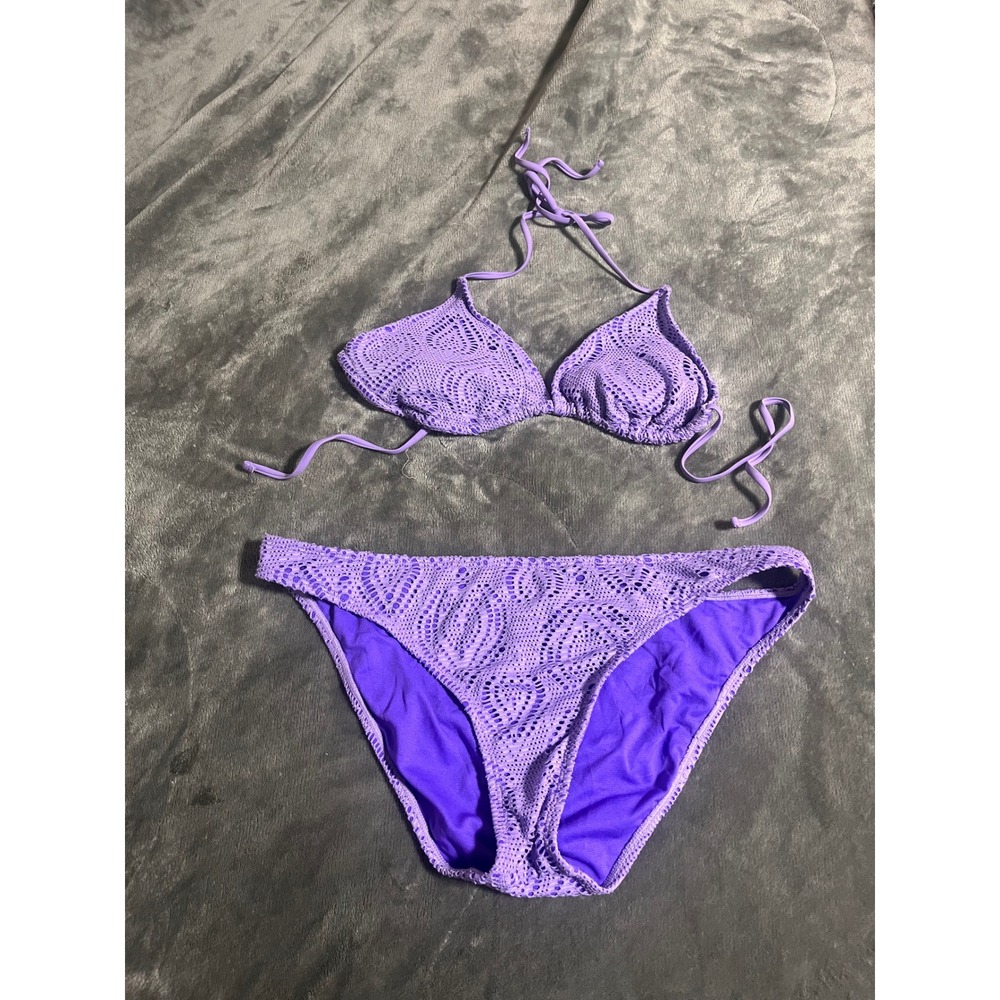 No Boundaries Purple Crochet Lace Bikini Set Triangle Top L Bottoms XL